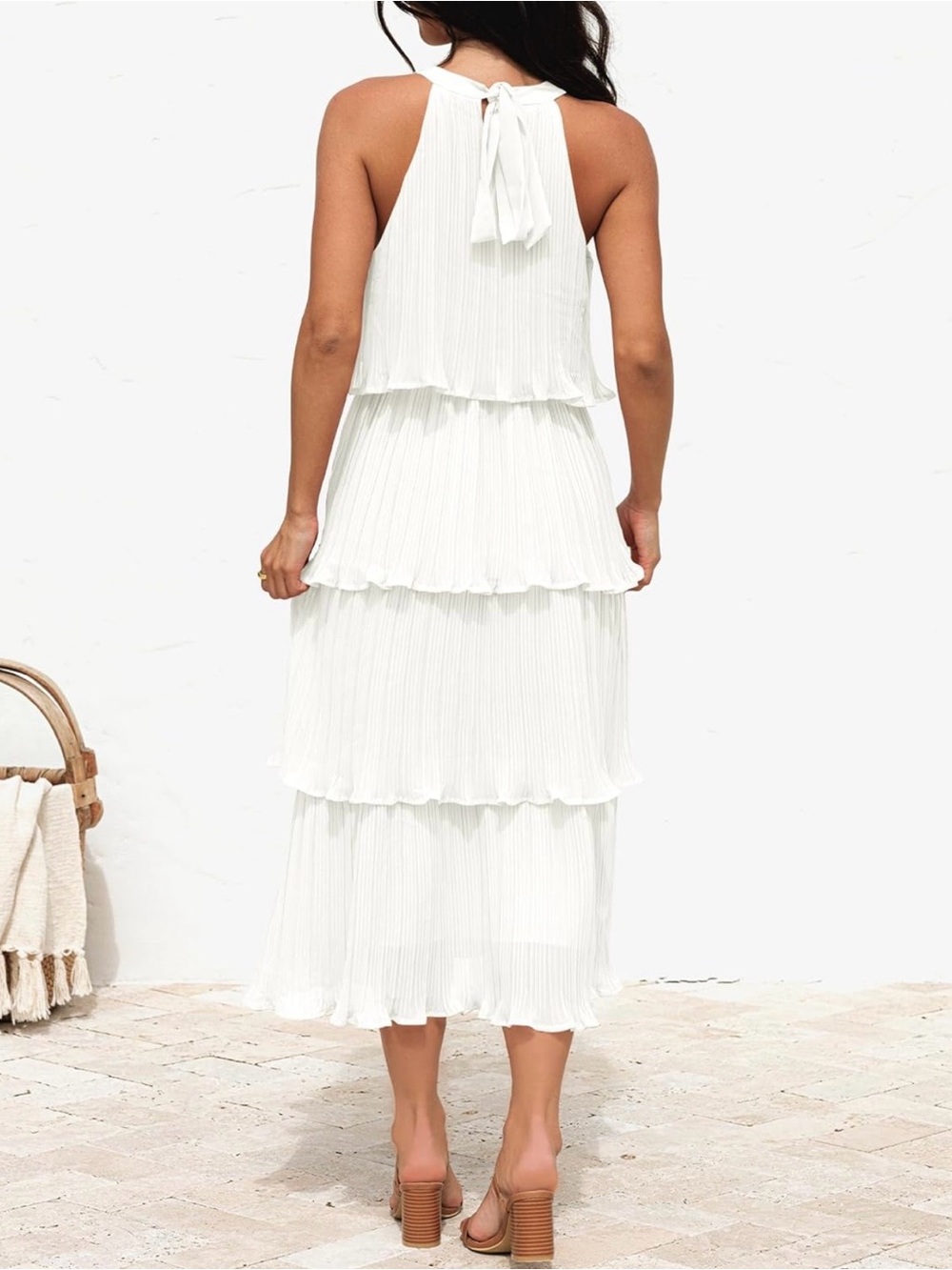 Ruffle Pleated Tiered Layered Chiffon Flowy Swing Long Midi Dress in White - Picture 13 of 15